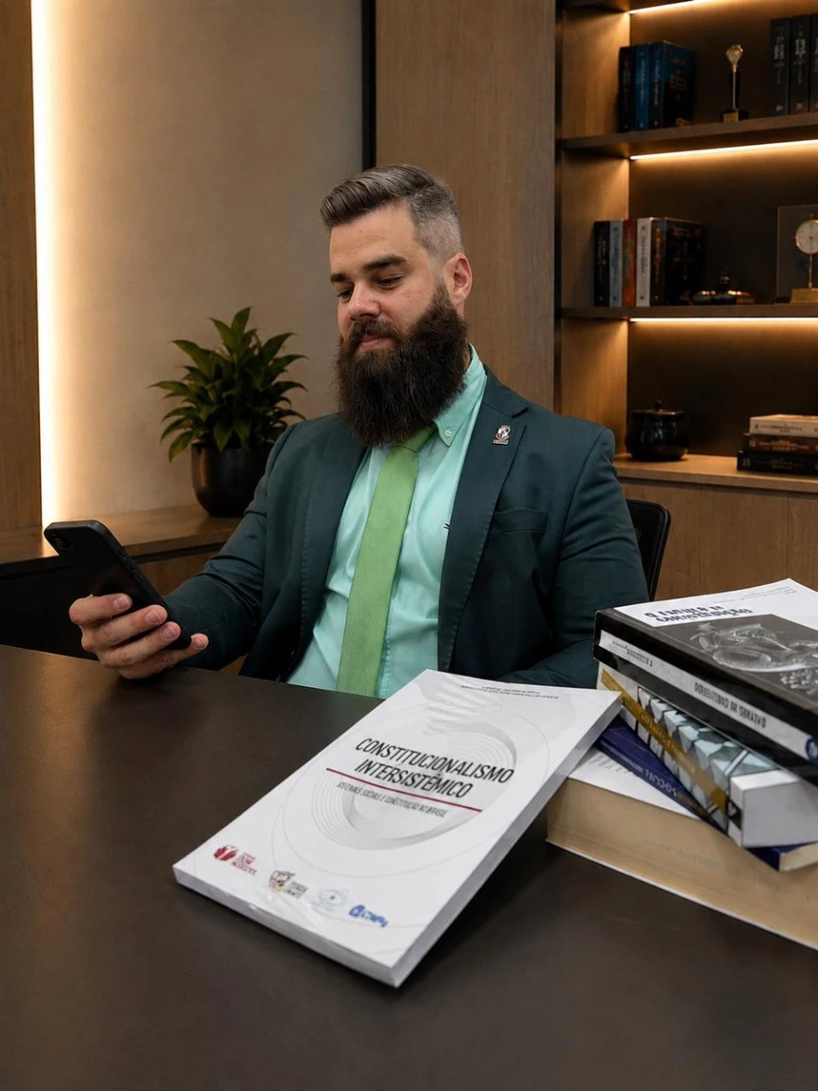 Dr. Bernardo Carvalho Costa em seu escritório, com sua obra Constitucionalismo Intersistêmico